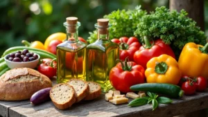 Színes mediterrán alapanyagok asztalon