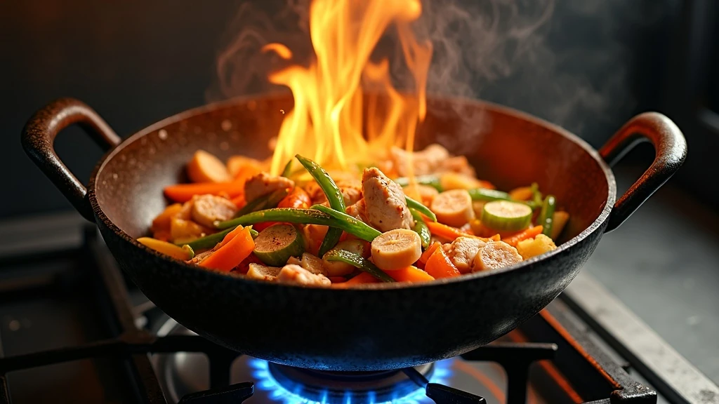 Lángoló wok színes zöldségekkel