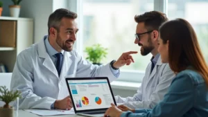 Dietetikus elemez vércukoradatokat laptopon rendelőben nyugodt