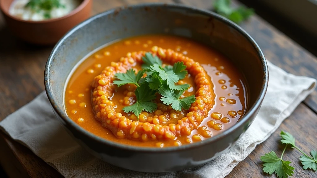 Gőzölgő vöröslencse dhal tálban